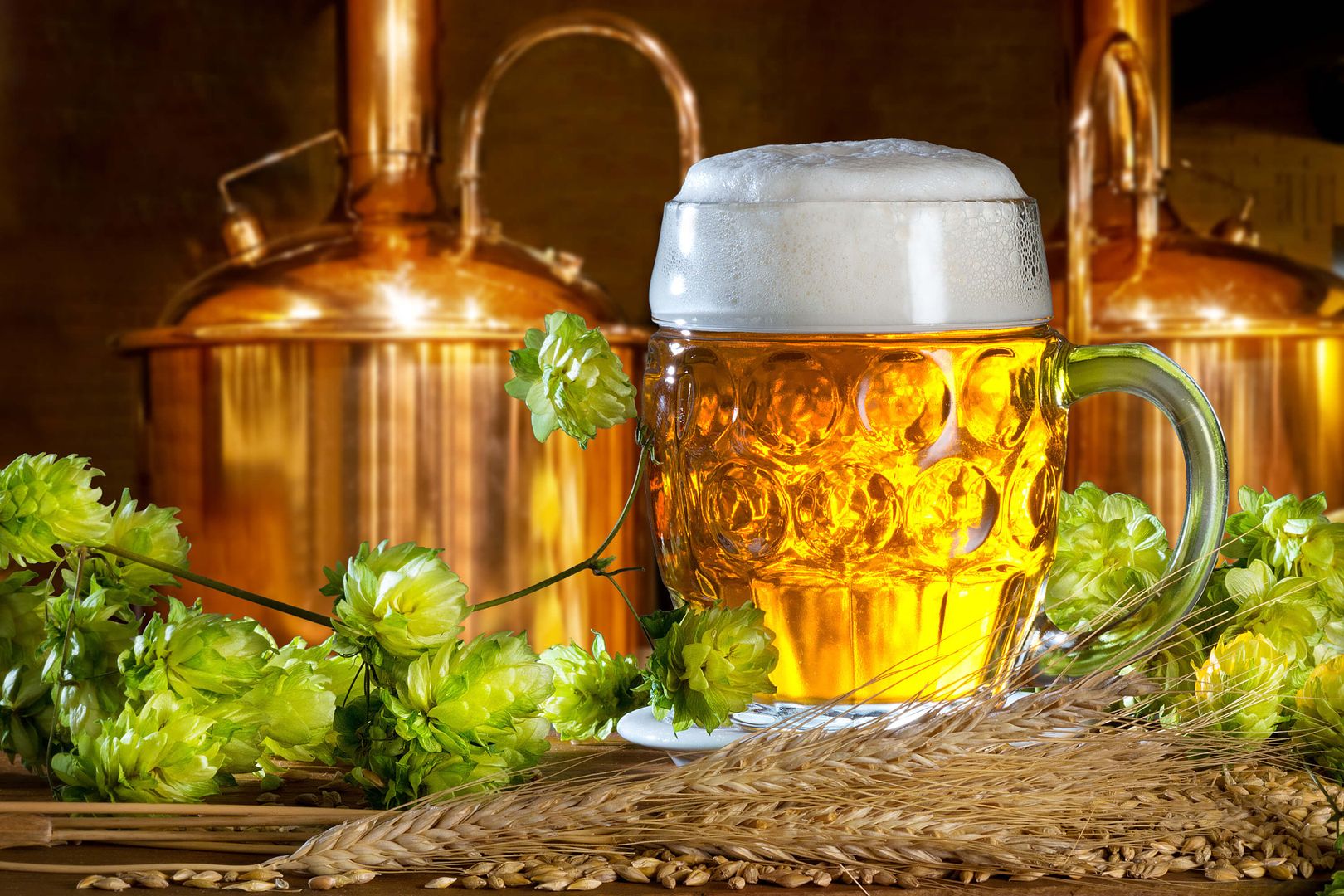 Ein Bierkrug gefüllt mit Bier und Schaumkrone steht auf einem Tisch mit Hopfenranken und Getreide. Im Hintergrund stehen kupferfarbene Braukessel